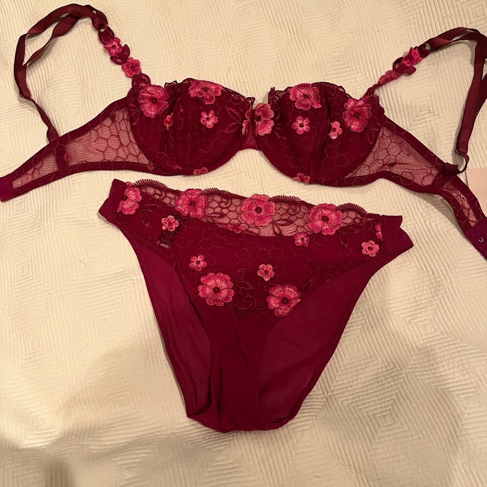 NWT LA PERLA MALIZIA LACE AND EMBROIDERY BRA AND TWO MATCHING PANTIES.
